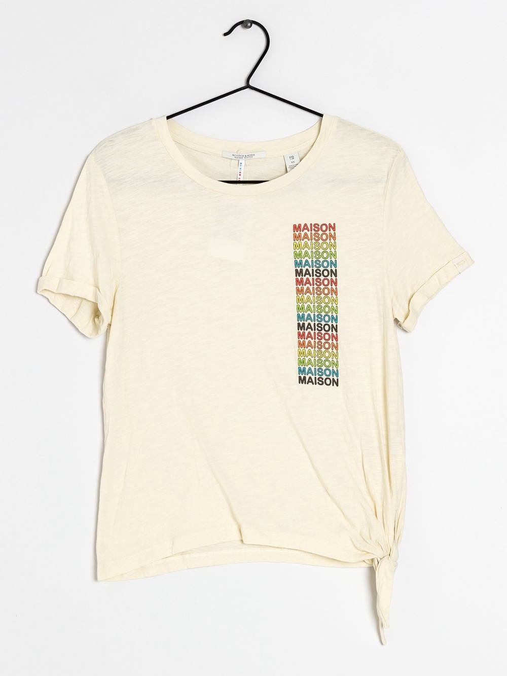 Scotch & Soda Cream Short Sleeve Tie-Hem Tee with Multicolor Logo